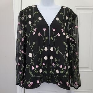 Adrianna Papell Black Sheer Floral Embroidered Jacket